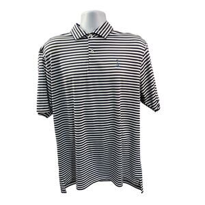 FG Tech Men’s Golf Shirt Size Large White Blue Striped Short Sleeve USA Made